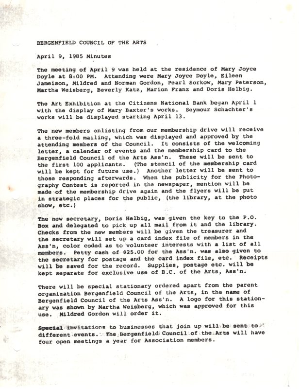 Bergenfield Council for the Arts minutes April 9 1985 P1.jpg