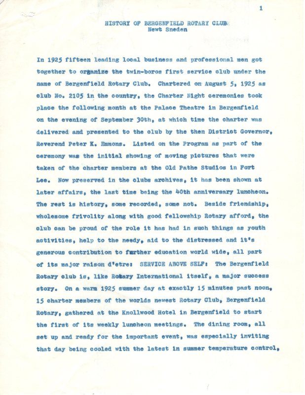 History of the Bergenfield Rotary Club by Newt Sneden typewritten 6 pages Undated 1.jpg