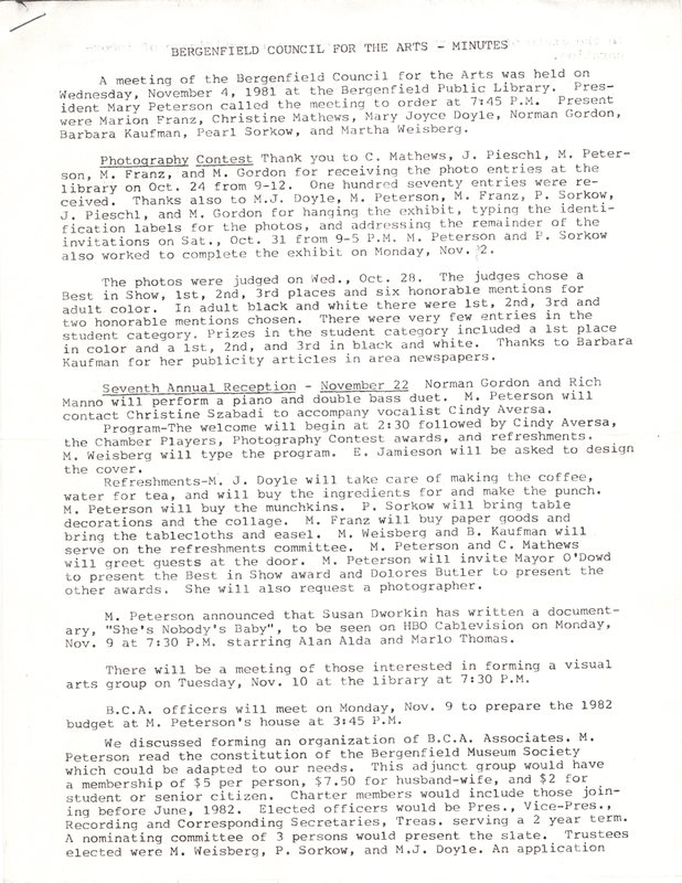 Bergenfield Council for the Arts minutes November 4 1981 P1.jpg