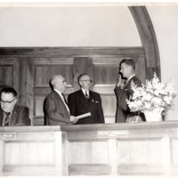 1 black and white photograph 8x10 Mayor and Council swearing in pictured Mayor Edward Meyer and three public officials undated.jpg