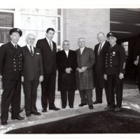 1 black and white photograph (8x10) George Rosein, Mayor Hugh Gillson and four individuals in front of Alert Fire House, West Church Street, 1962.jpg