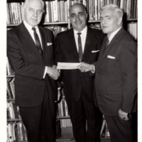 1 black and white photograph 5 x 7 presentation of check by Unico for Blood Bank of Bergenfield Hugh M Gillson James Potente Harold E Boyd  Nov 1967.jpg