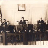 Black and white photograph (8x10) Mayor and Council, pictured Benjamin Dudley (Council) Pierce Deamer (borough attorney) William C. Puder (council) John Regan (council) 3 of 3.jpg