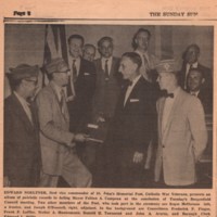 St Johns Memorial Post presents album of patriotic records to Bergenfield Mayor Sunday Sun photo and caption newspaper clipping July 14 1957.jpg