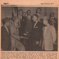 St Johns Memorial Post presents album of patriotic records to Bergenfield Mayor Sunday Sun photo and caption newspaper clipping July 14 1957.jpg