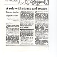 A Role With Rhyme and Reason Teaneck Teacher Plays Dickinson newspaper clipping The Record Nov 22 1983 P1 top.jpg