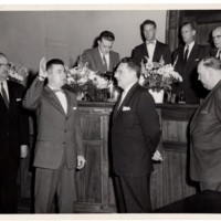 1 black and white photograph 8x10 swearing in ceremony mayor and council pictured Joseph De Trussey Mayor Edward Meyer Pierce H Deamer Jr Chief Kenneth Vikilsen Fred Finger etc..jpg