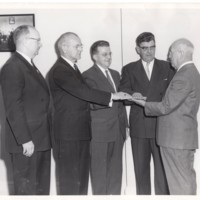 1 black and white photograph 8x10 Mayor Edward Meyer swearing in with four unidentified subjects undated.jpg