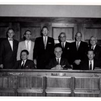 1 black and white photograph 8x10 Mayor and council pictured Mayor Hugh M. Gillson Pierce H Deamer H Radford Beucler and six unidentified subjects January 1961.jpg