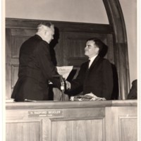 1 black and white photograph (8x10) Mayor Edward Meyer swearing in by Borough clerk H. Radford Beucler, undated.jpg