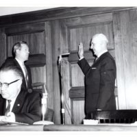 1 black and white photograph 8x10 Mayor and Council Swearing in Pictured Mayor Hugh Gillson and Bernard Achenbrand January 1962.jpg