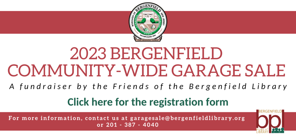 Banner advertising Bergenfield's 2023 Community Wide Garage Sales in April and October