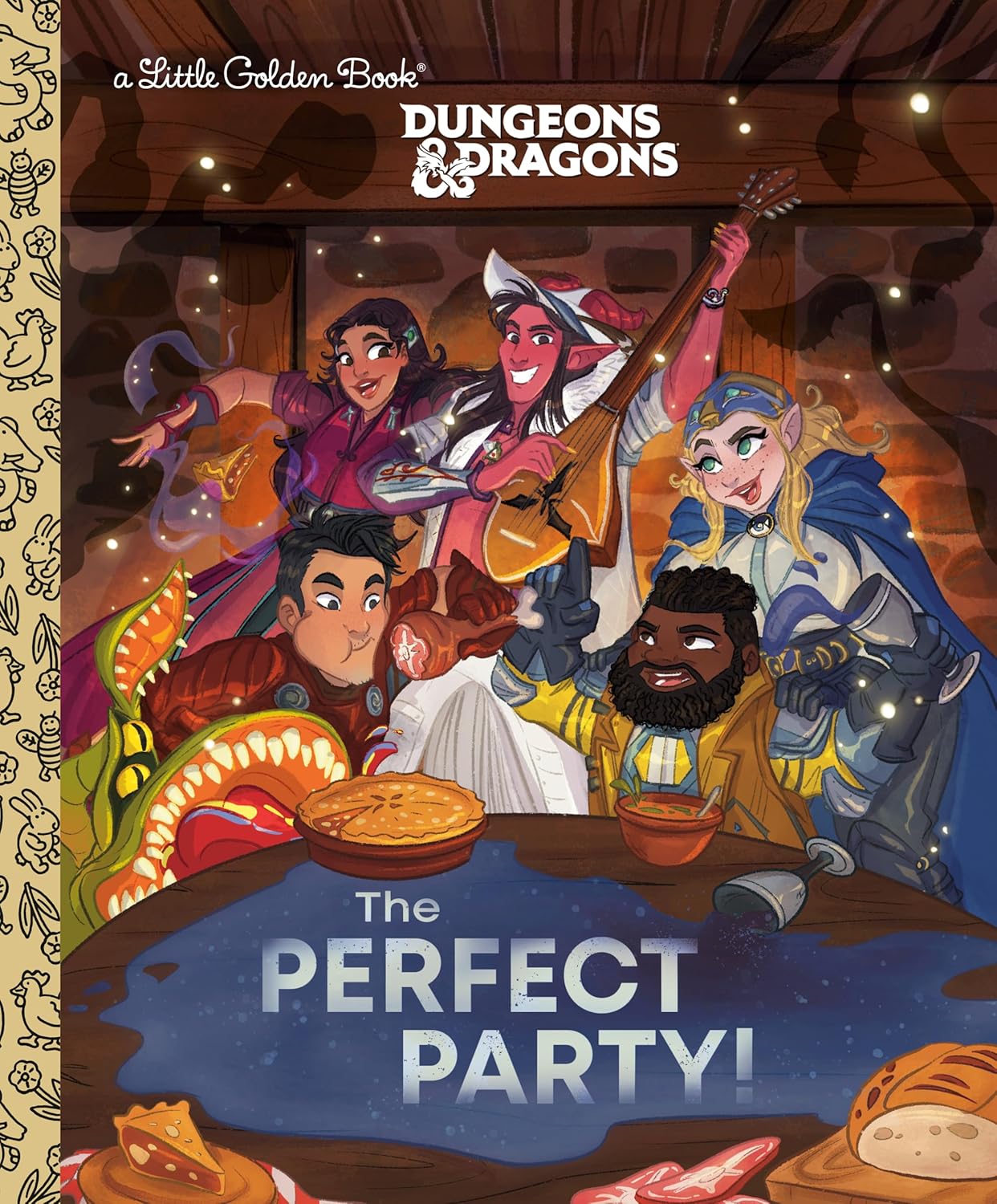 Cover for a children's picture book. A group of travelers sit in a tavern, eating and drinking together. Text reads, "Dungeons & Dragons. The Perfect Party!"