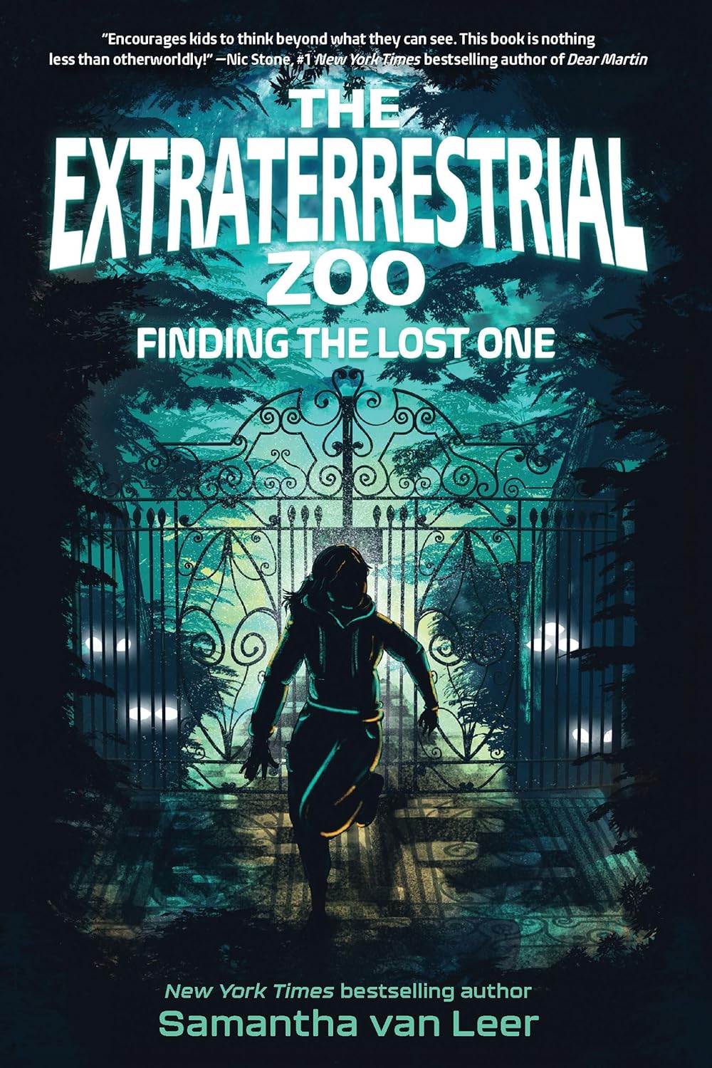 Cover for a children's chapter book. A young girl runs in the dark. There is a gate surrounded by greenery. Text reads, "The Extraterrestrial Zoo. Finding the lost one. Samantha van Leer."