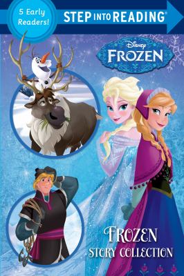Cover for a beginning readers book. Anna and Elsa, Hans, Olaf, and Sven smile towards the reader. Text reads, "5 Early readers! Step into Reading. Disney Frozen. Frozen Story Collection."