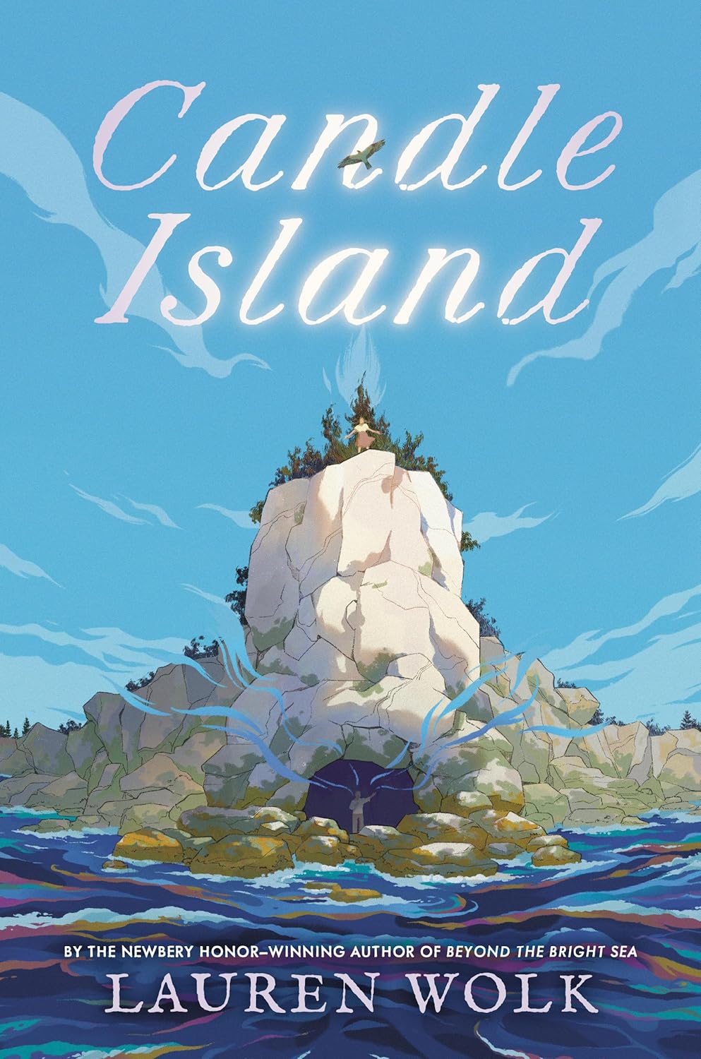 Cover of Juvenile Chapter Book. A person stands at the edge of a cliff overlooking an ocean, while another person stands at the bottom of it. Text reads, "Candle Island." Written by Lauren Wolk.