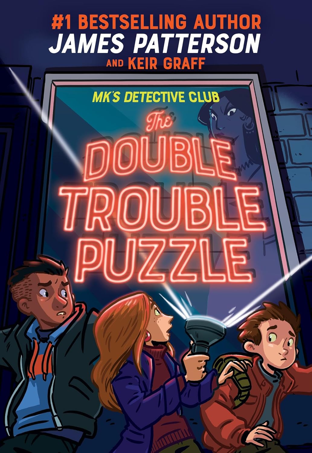 Cover of Juvenile Chapter Book. Three people shine a light up at a window. An eerie woman is behind the glass. Text reads, "MK's Detective Club. The Double Trouble Puzzle." Written by James Patterson.