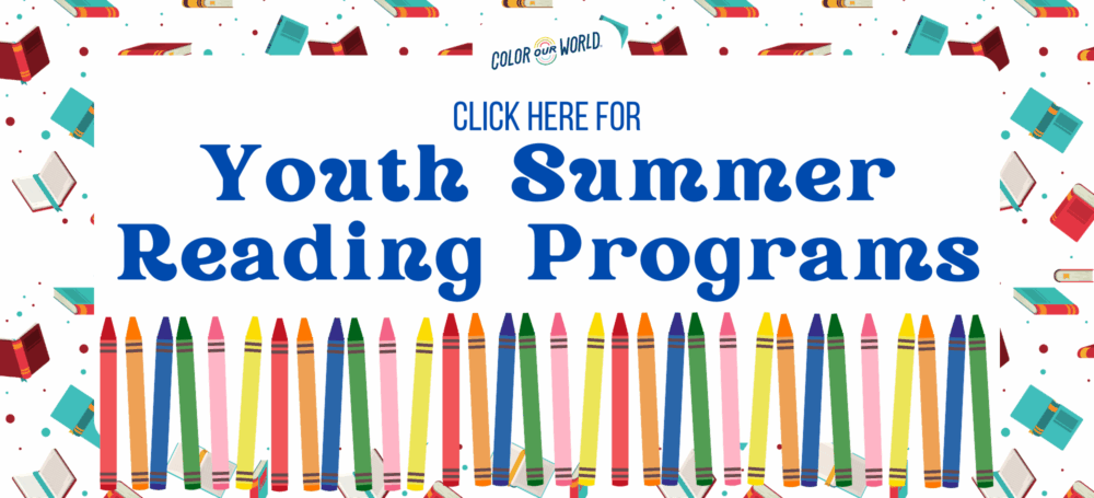 Slider graphic advertising the Youth Summer Reading Programs. Links to the K-5 Youth Summer Reading Program page. Text reads, "Click Here For Youth Summer Reading Programs."